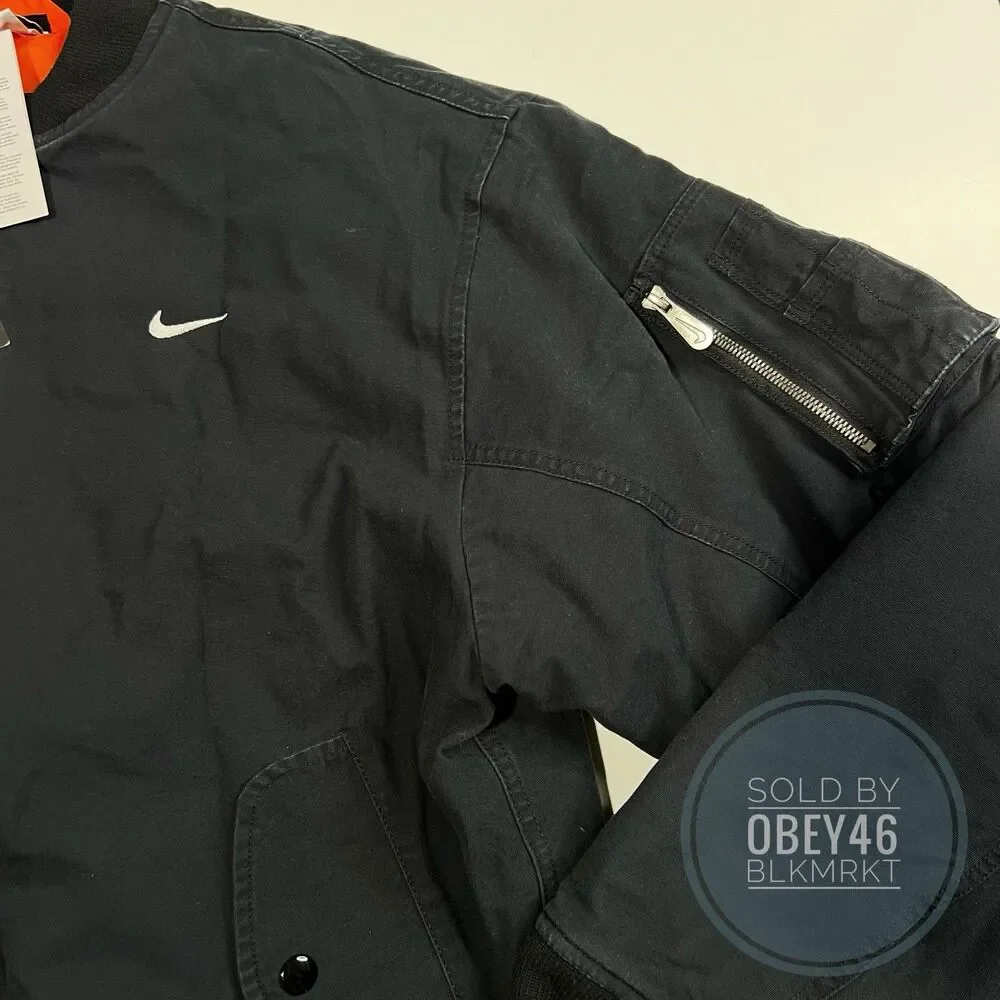Nike Solo Swoosh Flight Bomber Jacket Black Canvas DX0680-010 Size M Oversized - Picture 5 of 8